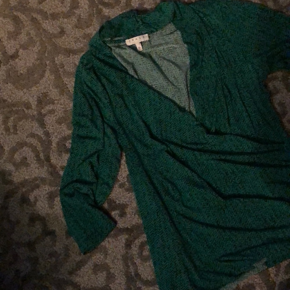 Chaus green black faux wrap 3/4 sleeve top blouse